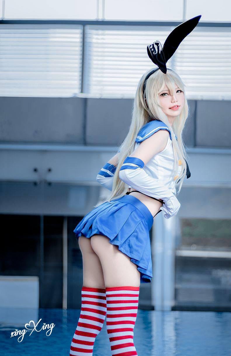 shimakaze cosplay with sailor uniform, bunny ears, and striped thigh-highs from kantai collection — geek girl xxx preview