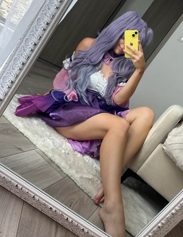 Keqing cosplay striptease in thigh-highs and electro vision