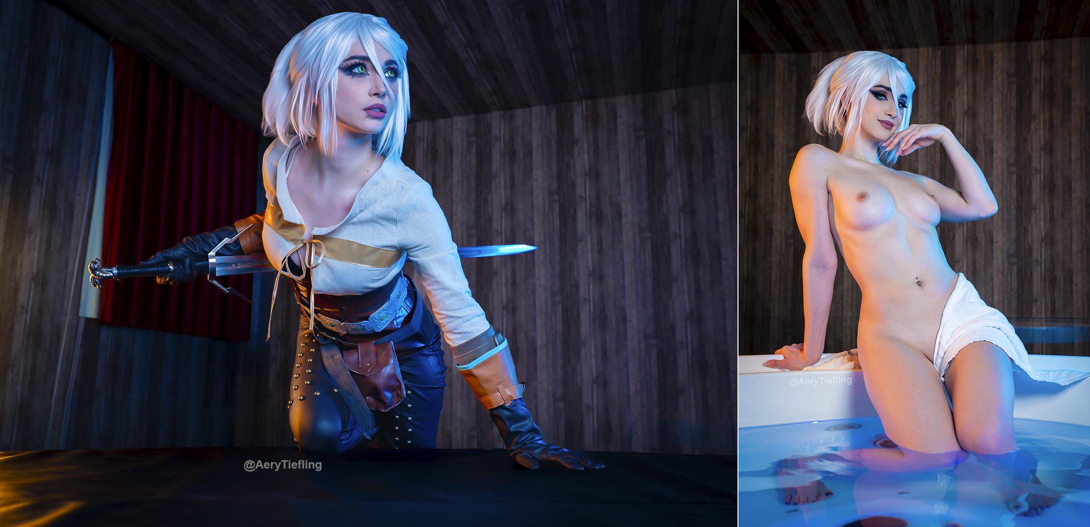Ciri cosplay nude from The Witcher – Aery Tiefling strips in fantasy lingerie
