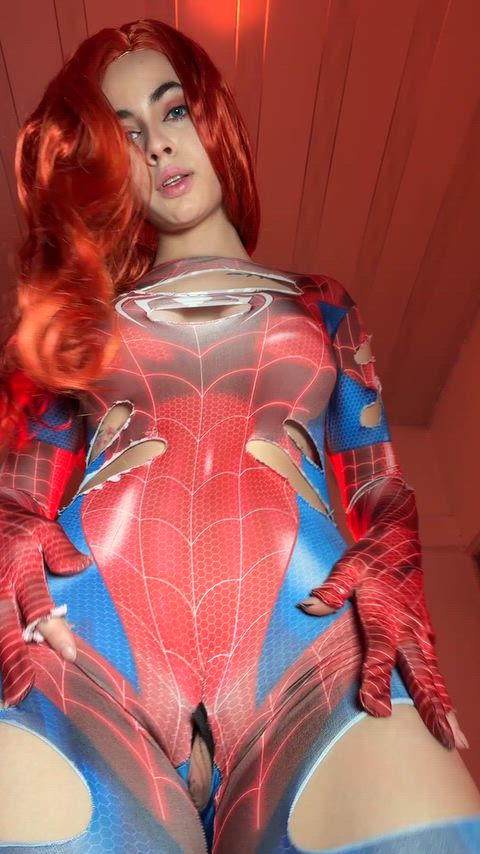 Mary Jane SpiderWoman Aeritheelf strips in raw Spiderman cosplay porn
